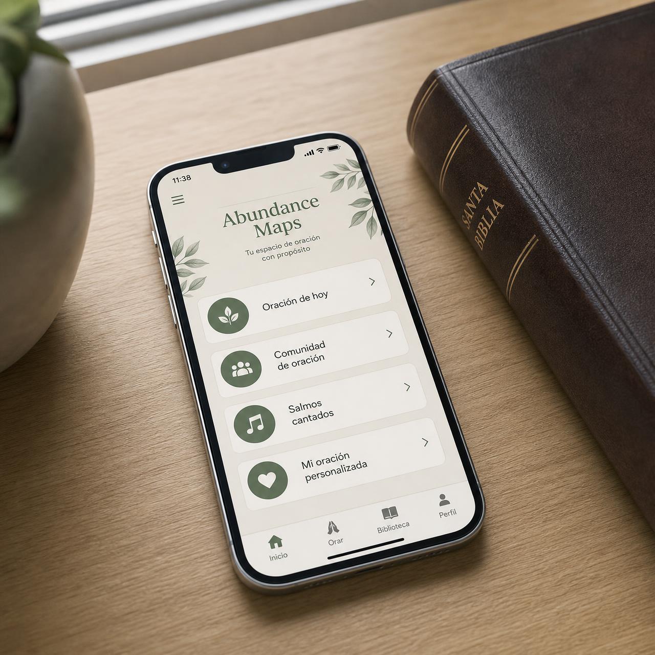 Aplicación Abundance Maps abierta en un smartphone con oraciones, comunidad de oración y salmos cantados.