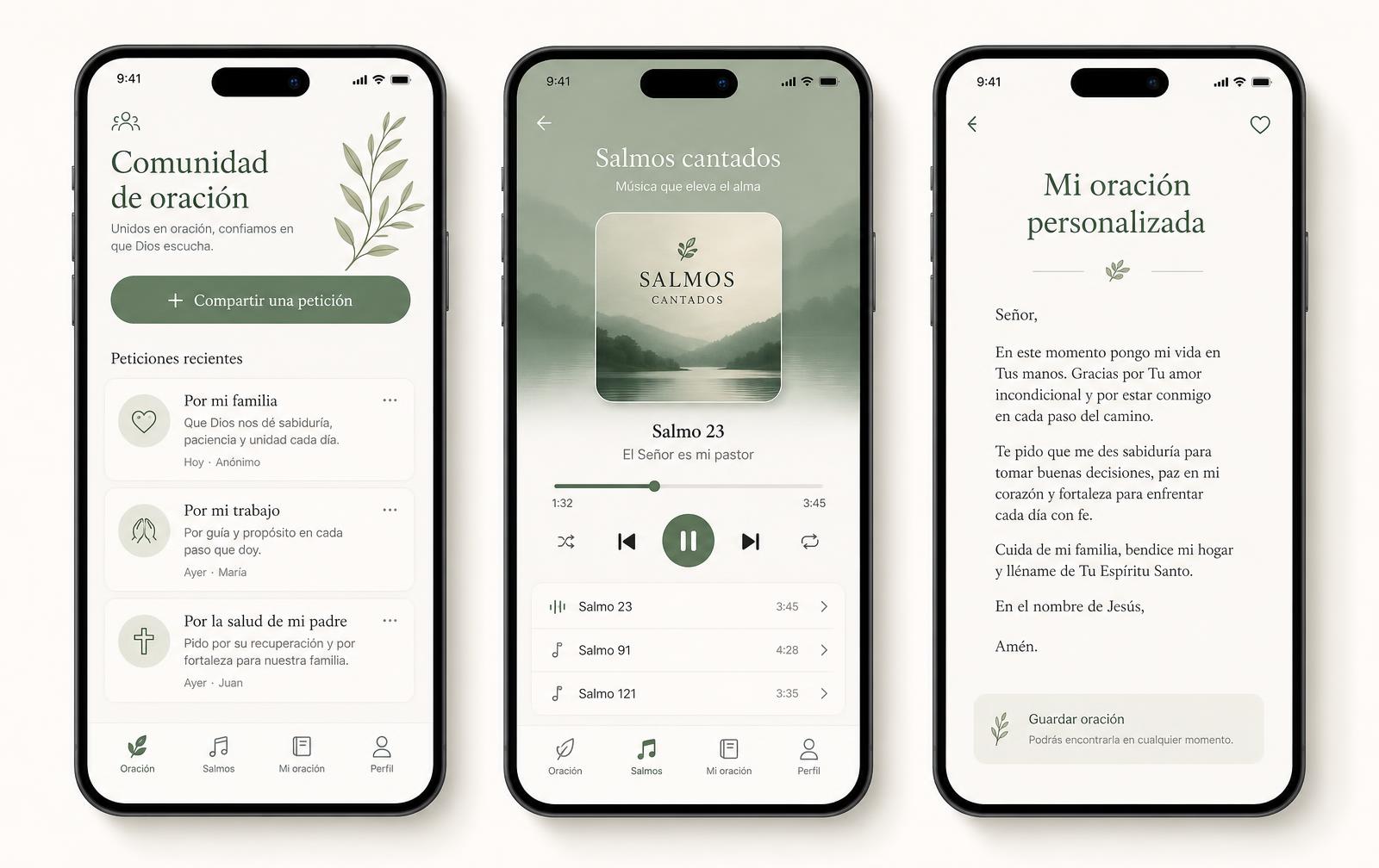 Tres pantallas de Abundance Maps: comunidad de oración, salmos cantados y oración personalizada.